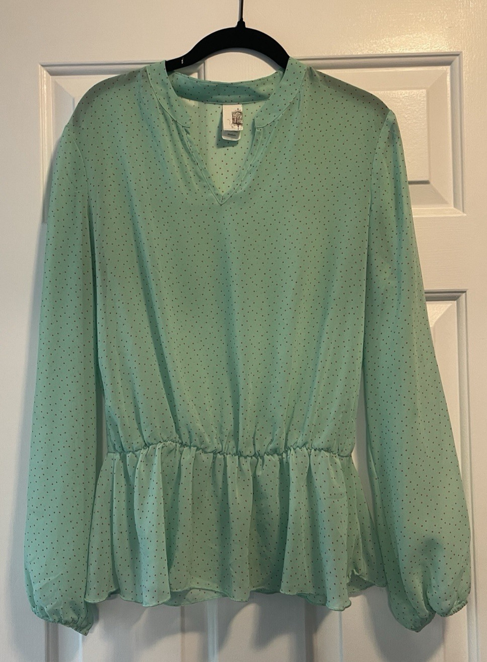 Francesca's Top Womens M Sheer Peplum Long Sleeve Blouse Mint Green Polka Dots